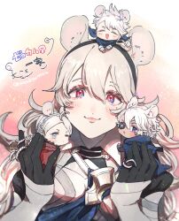  2boys 2girls ahoge animal_ears black_hairband braid capelet corrin_(female)_(fire_emblem) corrin_(fire_emblem) family fire_emblem fire_emblem_fates hairband highres hood hooded_capelet kana_(fire_emblem) kana_(male)_(fire_emblem) koukou7722 looking_at_viewer low_twin_braids mouse_ears multiple_boys multiple_girls niles_(fire_emblem) nina_(fire_emblem) parted_bangs pointy_ears red_eyes red_hood smile twin_braids white_hair 