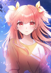  1girl absurdres alternate_costume breasts collarbone highres long_hair looking_at_viewer mairu003 momoi_airi night night_sky open_mouth pink_eyes pink_hair project_sekai ribbon shirt sky star_(sky) starry_sky tagme two_side_up upper_body 