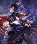  1girl ass bangs black_boots black_hair black_legwear black_skirt boots closed_mouth dutch_angle fantasy gauntlets green_eyes highres hisakata_souji holding holding_ribbon holding_sword holding_weapon looking_at_viewer looking_back official_art outdoors pantyhose pleated_skirt purple_ribbon red_neckerchief ribbon sailor_collar school_uniform serafuku shadowverse sheath shingeki_no_bahamut short_hair skirt solo sword tassel thighs tsubaki_(shingeki_no_bahamut) unsheathing watermark weapon 