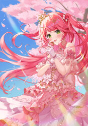  1girl :d absurdres ahoge arm_garter back_bow bare_shoulders blue_sky blurry blurry_background blush bow braid cherry_blossoms colored_inner_hair commentary cross-laced_clothes cross-laced_dress day dress falling_petals floating_hair flower frilled_dress frilled_gloves frills gloves gold_tiara gold_trim green_eyes hair_flower hair_ornament hairclip halter_dress halterneck hand_on_own_chest highres holding holding_microphone hololive jin_kemi large_bow layered_dress lens_flare long_hair looking_at_viewer microphone multicolored_hair music neck_ribbon official_alternate_costume official_alternate_hairstyle outdoors petals pink_dress pink_hair ribbon sakura_miko sakura_miko_(flower_fantasista!) sidelocks singing sky sleeveless sleeveless_dress smile solo standing swept_bangs symbol-only_commentary two_side_up very_long_hair virtual_youtuber waist_bow white_gloves 