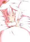  1girl animal_ears bed blanket blush breasts chibi commentary fat hat highres impossible_clothes inubashiri_momiji large_breasts pillow pink_hair plump shirt shishi_juuroku short_hair sleeping sleeveless sleeveless_turtleneck solo tail thick_eyebrows tokin_hat touhou turtleneck under_covers wolf_ears wolf_tail 