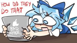  apple_inc. bad_apple!! blue_bow blue_dress blue_eyes blue_hair bow brand_name_imitation bright_pupils cirno cirno_day commentary computer crystal_wings detached_sleeves dress english_commentary english_text hair_bow holding holding_laptop ice ice_wings kecchi0 laptop macbook rectangular_mouth shirt short_hair short_sleeves table touhou v-shaped_eyebrows white_pupils white_shirt wings 