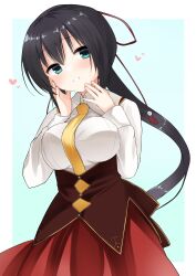  1girl :d amagiri_yune amairo_islenauts aqua_eyes black_hair blue_background blush border breasts brown_corset collared_shirt commentary corset cowboy_shot english_commentary grin hair_between_eyes hair_ribbon hand_on_own_cheek hand_on_own_face hands_up happy heart highres large_breasts long_hair long_sleeves looking_at_viewer necktie outside_border ponytail raised_eyebrows red_ribbon red_skirt ribbon school_uniform shirt simple_background skirt smile solo takepoison very_long_hair white_border white_shirt yellow_necktie 