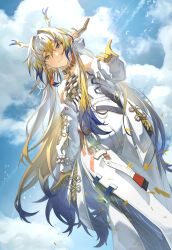  1girl absurdres arknights arnocn bare_shoulders blonde_hair blue_eyes blue_hair blue_sky closed_mouth clouds cloudy_sky colored_extremities colored_skin dragon_girl dragon_horns earrings feet_out_of_frame grey_hair hair_between_eyes hair_intakes highres horns jacket jewelry long_hair long_sleeves looking_at_viewer multicolored_hair necklace off_shoulder pants pointy_ears shu_(arknights) sky smile solo strapless tassel tassel_earrings tube_top white_jacket white_pants white_tube_top yellow_horns 