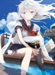  1girl anchor_symbol artist_request black_legwear blue_eyes blue_sky clouds day hat hibiki_(kantai_collection) highres kantai_collection long_hair looking_at_viewer military_hat neckerchief outdoors school_uniform serafuku short_sleeves silver_hair single_thighhigh sitting sky solo thigh-highs turret 