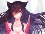  1girl ahri animal_ears bare_shoulders black_hair breasts cleavage detached_sleeves facial_mark fox_ears fox_tail korean_clothes large_breasts league_of_legends lips long_hair multiple_tails slit_pupils solo tail whisker_markings yellow_eyes 
