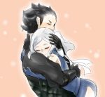  1boy 1girl armor black_armor black_hair blue_dress blush closed_eyes couple cynthia_(fire_emblem) dress elbow_gloves fire_emblem fire_emblem:_kakusei gauntlets gloves hetero hug jerome_(fire_emblem) kunei light_particles mask mask_removed pink_background ribbon short_dress silver_hair smile spiky_hair thighs twintails white_ribbon 