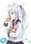  1girl :/ :t alternate_hairstyle animal_ears bag black_skirt blue_eyes blue_hair blush brand_name_imitation cat_ears closed_mouth doughnut english eyebrows_visible_through_hair food food_on_face from_side hair_between_eyes hibiki_(kantai_collection) holding holding_food kantai_collection kemonomimi_mode long_hair long_sleeves looking_to_the_side neckerchief paper_bag paw_print pleated_skirt ponytail profile roman_numerals sailor_collar shirt sidelocks sideways_mouth siroyuki skirt solo very_long_hair white_background white_shirt 