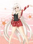  1girl :d ahoge armpits black_shirt blush breasts chiya_(urara_meirochou) clenched_hand collarbone eyebrows_visible_through_hair fang floral_background gradient gradient_background hair_between_eyes head_tilt highres legs_apart long_hair medium_breasts open_mouth outstretched_arm red_eyes shirt sleeveless sleeveless_shirt smile solo standing urara_meirochou very_long_hair wenetora white_hair 