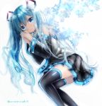  1girl aqua_eyes aqua_hair blue_eyes blue_hair detached_sleeves hatsune_miku kohaku_muro long_hair looking_at_viewer lying nail_polish necktie on_side skirt solo thigh-highs twintails very_long_hair vocaloid white_background 