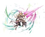  1girl animal_ears armor bangs black_legwear blonde_hair boots dress full_body gloves granblue_fantasy holding holding_weapon long_hair minaba_hideo official_art open_mouth overskirt red_eyes short_dress solo sparkle transparent_background weapon yuisis_(granblue_fantasy) 
