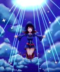  1girl :d absurdres akko_kagari between_legs blacky blue_cloak blue_hat blue_ribbon blue_shoes blue_skirt broom broom_riding cloak clouds collared_shirt commentary_request flying happy hat highres little_witch_academia long_hair long_sleeves neck_ribbon night night_sky open_mouth outstretched_arms red_belt red_eyes red_ribbon red_stripes redhead ribbon round_teeth shirt shoes shooting_star skirt sky smile solo spread_arms star star_(sky) starry_background starry_sky teeth white_shirt wide_sleeves witch_hat 