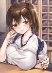  1girl blush breast_rest breasts brown_eyes brown_hair collarbone cup fukuroumori hair_between_eyes hand_on_own_cheek holding holding_cup indoors japanese_clothes kaga_(kantai_collection) kantai_collection large_breasts looking_at_viewer short_hair side_ponytail smile solo table 