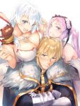  1boy 1girl 2girls ahoge armor artemis_(fate/grand_order) bare_shoulders blonde_hair blue_eyes blush breast_rest breasts colored_eyelashes crossed_arms embarrassed euryale fate/extra fate/grand_order fate/hollow_ataraxia fate_(series) gauntlets gawain_(fate/extra) hairband height_difference large_breasts lips long_hair looking_at_viewer multiple_girls off_shoulder open_mouth orion_(fate/grand_order) parted_lips pink_eyes pink_hair silver_hair sitting stuffed_animal stuffed_toy teddy_bear twintails two_side_up upper_body yomo_(majidon) 