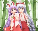  2girls ;| animal_ears arm_around_back bamboo bamboo_forest belt blush cowboy_shot food_themed_ornament forest fujiwara_no_mokou hand_in_pocket hand_on_another&#039;s_arm hand_on_own_chest lavender_hair long_hair looking_at_another matty_(zuwzi) multiple_girls nature necktie one_eye_closed open_mouth pants ponytail rabbit_ears red_eyes red_necktie red_skirt reisen_udongein_inaba shirt short_sleeves side_glance silver_hair skirt suspenders sweat tie_clip torn_clothes torn_sleeves touhou untucked_shirt very_long_hair wavy_mouth 
