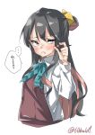  ... 1girl bangs black_hair blue_bow blue_bowtie blush bow bowtie chocolate collared_shirt ebifurya eyebrows_visible_through_hair grey_eyes hair_bow hand_up highres holding kantai_collection long_hair long_sleeves looking_at_viewer multicolored_hair naganami_(kantai_collection) open_mouth pink_hair shirt sidelocks simple_background sleeveless solo speech_bubble spoken_ellipsis twitter_username two-tone_hair upper_body white_background white_shirt yellow_bow 