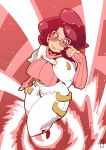  1girl adjusting_glasses big_hair black_hair breasts buttons chawalit_adsawawalanon closed_mouth full_body glasses green_eyes highres large_breasts light_particles long_sleeves looking_at_viewer pink-framed_eyewear pink_sweater pokemon pokemon_(game) pokemon_sm short_hair skirt sleeves_past_wrists smile solo sweater turtleneck turtleneck_sweater white_skirt wicke_(pokemon) 