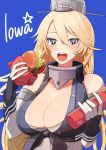  1girl blonde_hair blue_eyes breasts character_name elbow_gloves fingerless_gloves food front-tie_top gloves hamburger headgear iowa_(kantai_collection) kantai_collection kisenka_momi large_breasts solo squeeze_bottle star star-shaped_pupils symbol-shaped_pupils 
