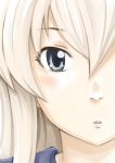  1girl blonde_hair close-up commentary_request grey_eyes hair_between_eyes head_only highres inoue_kousei kantai_collection long_hair looking_at_viewer nose parted_lips sailor_collar shimakaze_(kantai_collection) sidelocks solo 