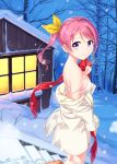  1girl bare_shoulders blush boots bra breasts hair_ribbon highres looking_at_viewer looking_back original pink_hair short_hair sideboob smile snow solo stairs tree tucana underwear violet_eyes winter 