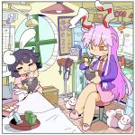  /\/\/\ 2girls animal_ears bed black_hair blazer blue_jacket bowl box cardboard_box carrot_necklace chopsticks cup dress eating hospital_bed inaba_tewi jacket kune-kune lamp legs_crossed long_hair moyazou_(kitaguni_moyashi_seizoujo) multiple_girls necktie pink_dress pink_hair pink_skirt rabbit rabbit_ears red_eyes red_necktie reisen_udongein_inaba sitting skirt slippers steam stethoscope surprised syringe touhou tray very_long_hair window yunomi 