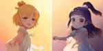  2girls :d :o asahina_mirai backlighting blonde_hair blush bow bracelet dress gobou_1000 hair_bow half_updo hand_holding highres izayoi_liko jewelry long_hair looking_at_viewer mahou_girls_precure! multiple_girls multiple_views nightgown open_mouth pom_pom_(clothes) precure purple_hair ribbon short_hair smile violet_eyes white_dress 