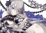  1girl bare_shoulders blue_eyes bone fingernails flower hair_flower hair_ornament long_hair looking_at_viewer original pale_skin parted_lips pokimari silver_hair simple_background skull solo spine white_background 