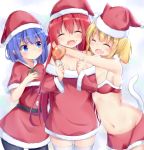  3girls :/ :d ^_^ aka_no_ripika animal_hat ao_no_rupika beatmania beatmania_iidx bite_mark black_legwear blonde_hair blue_eyes blue_hair blush breasts capelet cat_hat cat_tail chicken_leg christmas closed_eyes closed_mouth dress eyebrows_visible_through_hair fang_out food food_on_face girl_sandwich groin hair_between_eyes hat head_tilt holding holding_food hug ki_no_rapika kyuukon_(qkonsan) long_hair long_sleeves looking_at_another medium_breasts miniskirt multiple_girls navel off-shoulder_dress off_shoulder open_mouth outstretched_arm pantyhose red_bikini_top redhead sandwiched santa_costume santa_hat short_twintails skirt smile sweatdrop tail thigh-highs twintails very_long_hair white_legwear 