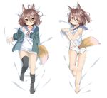  1girl absurdres animal_ears barefoot brown_hair dakimakura dress fang_out flower fox_ears fox_tail full_body hair_flower hair_ornament highres hood hoodie looking_at_viewer looking_back lying multiple_views off-shoulder_sweater on_back open_clothes open_hoodie original panties pantyshot pantyshot_(lying) sekira_ame short_dress short_hair smile sweater tail thigh-highs underwear yellow_eyes yukimura_kabosu zettai_ryouiki 