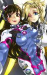  2girls :d animal_print bangs blonde_hair blue_bodysuit blue_eyes bodysuit boots bracer breasts breasts_apart brown_eyes brown_hair bunny_print covered_navel cowboy_shot d.va_(overwatch) emblem eyebrows_visible_through_hair eyelashes facepaint facial_mark gloves hand_up headgear headphones izuna_nie lips logo long_hair long_sleeves looking_at_viewer makeup mascara mechanical_halo mechanical_wings medium_breasts mercy_(overwatch) multiple_girls one_eye_closed open_mouth overwatch parted_lips pauldrons pilot_suit pink_lips ponytail pose ribbed_bodysuit self_shot shoulder_pads skin_tight smile standing teeth thigh-highs thigh_boots thigh_strap turtleneck v weapon whisker_markings white_boots white_gloves white_legwear wings yellow_wings 