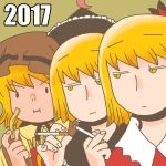  2017 3girls aki_minoriko aki_shizuha blonde_hair cigarette commentary_request food french_fries fruit grapes hat leaf lunasa_prismriver multiple_girls onikobe_rin popularity_contest touhou 