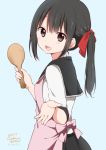  1girl :3 apron artist_name bangs black_hair blue_background blush brown_eyes cat chijou_noko chikanoko commentary copyright_name dated eyebrows_visible_through_hair from_side hair_between_eyes hair_ribbon holding holding_spoon long_hair looking_at_viewer open_mouth original outstretched_hand ragho_no_erika red_ribbon ribbon rice_spoon school_uniform serafuku side_ponytail signature simple_background smile solo upper_body 