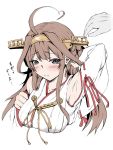  1girl ahoge armpits blush breasts brown_hair collarbone detached_sleeves double_bun embarrassed eyebrows_visible_through_hair hand_behind_head headgear kantai_collection kongou_(kantai_collection) long_hair medium_breasts nontraditional_miko remodel_(kantai_collection) sketch touching translation_request tsukineko upper_body violet_eyes 