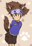  1boy animal_ears blush brown_hair digimon digimon_adventure dog_ears dog_tail goggles highres okome_(kome_kuma) paw_print solo tail yagami_taichi 