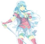  1girl aisutabetao blue_hair eirika fire_emblem fire_emblem:_seima_no_kouseki highres holding holding_weapon long_hair looking_at_viewer open_mouth rapier simple_background solo solo_focus sword weapon white_background 