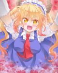  1girl :d blonde_hair blush breasts dragon_girl dress fang gloves gongitsune_(gongitune2) gradient_hair heart highres horns kobayashi-san_chi_no_maidragon large_breasts long_hair looking_at_viewer maid maid_headdress multicolored_hair necktie open_mouth orange_eyes outstretched_arms puffy_short_sleeves puffy_sleeves short_sleeves slit_pupils smile tooru_(maidragon) twintails white_gloves 