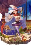  1girl ;d absurdres akko_kagari belt book boots breasts brown_hair buttons cape cleavage clouds cloudy_sky clover cosplay curtains four-leaf_clover hat highres little_witch_academia long_hair medium_breasts miniskirt mizukiyan mushroom navel navel_cutout night night_sky one_eye_closed open_mouth reaching_out red_eyes shiny_chariot shiny_chariot_(cosplay) skirt sky smile sparkle test_tube thigh-highs thigh_boots wand witch_hat wizard_hat 
