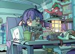  1girl ahoge binder binder_clip bookshelf box bulletin_board camera chopsticks commentary_request couch cup file_cabinet flourescent_light heater indoors kettle lavender_hair looking_down messy_room monitor mouth_hold moyazou_(kitaguni_moyashi_seizoujo) no_hat no_headwear pencil pencil_sharpener picture_frame pointy_ears ramen reading red_eyes shameimaru_aya short_hair sitting solo steam table tissue_box touhou trash_can 