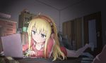  1girl ahoge blonde_hair collarbone computer door gabriel_dropout grey_eyes headphones jacket laptop long_hair looking_at_viewer lying on_stomach racchi. solo tenma_gabriel_white track_jacket wooden_floor 