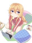  1girl bag barefoot blonde_hair blue_eyes blush book chips computer food food_in_mouth gabriel_dropout jacket laptop leafy_(kitsuneya) long_hair long_sleeves looking_at_viewer messy_hair mouth_hold pillow potato_chips simple_background sitting solo tenma_gabriel_white track_jacket very_long_hair wariza white_background 