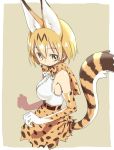  1girl :&gt; animal_ears armpit_peek bare_shoulders beige_background border bow bowtie breasts cat_ears cat_tail clenched_hands commentary_request elbow_gloves eyebrows eyebrows_visible_through_hair eyelashes from_side gloves hair_between_eyes hatching_(texture) kemono_friends large_breasts light_brown_eyes looking_at_viewer orange_hair outside_border sanpaku serval_(kemono_friends) serval_ears serval_print serval_tail shiny shiny_hair shirt short_hair sideboob simple_background sketch skirt sleeveless sleeveless_shirt smile solo striped_tail tail upper_body white_border white_shirt yoshida_on 