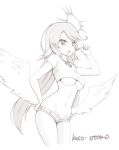  1girl angel_wings breasts candy crop_top crop_top_overhang feathered_wings food groin halo hand_on_hip highres jibril_(no_game_no_life) kuso_otoko large_breasts lollipop long_hair low_wings magic_circle midriff monochrome navel no_game_no_life open_fly open_mouth shirt short_shorts shorts skindentation solo taut_clothes taut_shirt tongue unbuttoned under_boob unzipped very_long_hair white_wings wings 