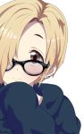  1girl bags_under_eyes bespectacled blonde_hair blush brown_eyes commentary_request ear_piercing earrings glasses hair_over_one_eye hood hood_down hoodie idolmaster idolmaster_cinderella_girls jewelry long_sleeves looking_at_viewer mitche piercing shirasaka_koume short_hair sleeves_past_wrists smile solo 