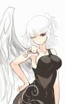  1girl alternate_costume angel_wings arm_at_side bangs black_dress black_shirt breasts dress eyelashes eyes_visible_through_hair hand_on_hip highres hips impossible_clothes impossible_dress kishin_sagume large_breasts light_frown long_eyelashes looking_at_viewer looking_to_the_side markings navel no_nose one_eye_closed pointy_ears raptor7 red_eyes shiny shiny_clothes shirt short_ponytail sideboob single_strap single_wing sketch sleeveless sleeveless_dress solo tattoo touhou white_hair wings 