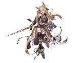  1girl animal_ears armor bangs black_legwear blonde_hair boots collar dress full_body gloves granblue_fantasy holding holding_weapon long_hair looking_at_viewer minaba_hideo official_art open_mouth overskirt red_eyes shield short_dress short_sleeves smile solo sword transparent_background weapon yuisis_(granblue_fantasy) 