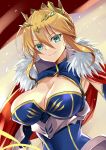  1girl aqua_eyes armor artoria_pendragon_lancer_(fate/grand_order) bangs blonde_hair blue_dress braid breasts cape center_opening cleavage closed_mouth crown dress dutch_angle eyebrows_visible_through_hair fate/grand_order fate_(series) fur_trim hair_between_eyes harimoji large_breasts long_hair looking_at_viewer saber short_hair_with_long_locks sidelocks smile solo upper_body 
