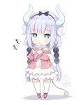  +_+ 1girl 2017 black_bow black_ribbon blue_eyes blue_hair blush bow capelet center_frills chibi crepe dated dragon_horns dress eating eyebrows_visible_through_hair food full_body hair_ribbon head_tilt heart hibanar holding holding_food horns kanna_kamui kobayashi-san_chi_no_maidragon long_hair long_sleeves low_twintails number pink_shirt red_shoes ribbon shadow shirt shoes signature solo speech_bubble standing tail thigh-highs twintails very_long_hair white_background white_dress white_legwear 