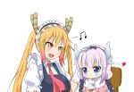  2girls beads beamed_quavers blonde_hair blue_eyes commentary_request dragon_girl dragon_tail eating fang food gloves gradient_hair hair_beads hair_ornament hairband highres horns ice_cream kaiven kanna_kamui kobayashi-san_chi_no_maidragon lavender_hair long_hair looking_at_another maid maid_headdress multicolored_hair multiple_girls musical_note necktie orange_eyes petting slit_pupils tail tooru_(maidragon) twintails upper_body white_gloves 