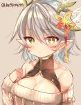  1girl bare_shoulders breasts brown_background cleavage contemporary dragon_girl dragon_horns facial_mark green_eyes hair_ornament heterochromia horns kaede_(p&amp;d) looking_at_viewer marshmallow_mille medium_breasts pointy_ears puzzle_&amp;_dragons short_hair simple_background solo sweater twitter_username yellow_eyes 