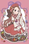  1girl 72producer brown_eyes brown_hair buttons dress hat idolmaster long_hair long_sleeves looking_at_viewer minase_iori needle plaid plaid_dress ribbon scissors sewing_needle sewing_pins solo stuffed_animal stuffed_bunny stuffed_toy tape_measure 